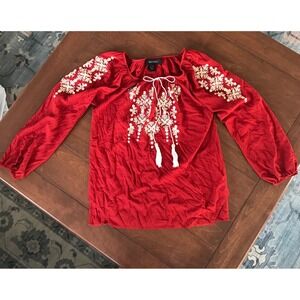Karen Kane Red Peasant Tunic Top White Embroidery SMALL